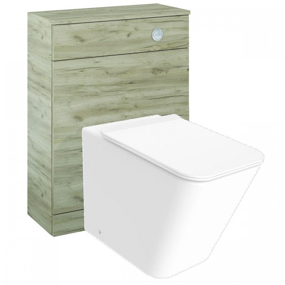 Indo Rimless Back to Wall Pan, Slim Soft Close Seat, Appeal Craft Oak WC Unit and Concealed Cistern