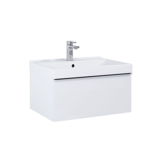 image of Look Wall Hung Bathroom Bathroom Vanity Unit 60cm 1 Drawer White Gloss With Black Handle