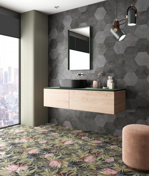 Organic Hexagon Black Porcelain Floor and Wall Tile 230x270mm