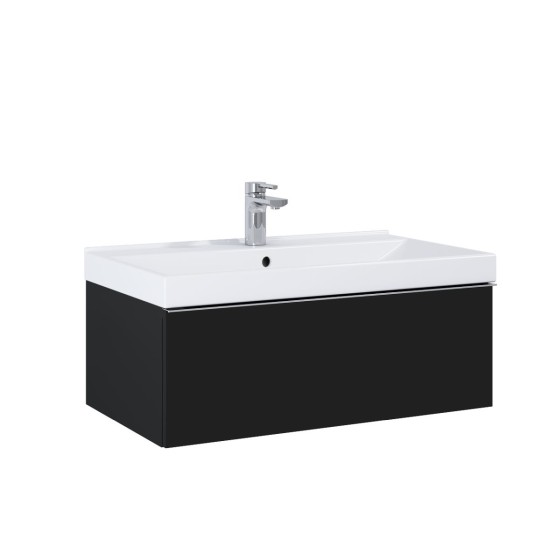 image of Look Wall Hung Bathroom Bathroom Vanity Unit 80cm 1 Drawer Matt Black With Black Handle