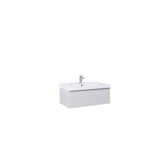 image of Look Wall Hung Bathroom Vanity Unit 80cm 1 Drawer Matt Stone With brass furniture handles