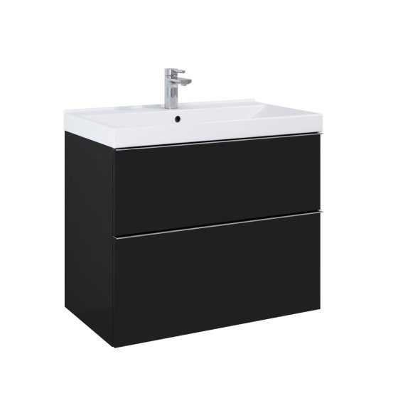 image of Look Wall Hung Bathroom Vanity Unit 80cm 2 Drawer Matt Black With brass furniture handless