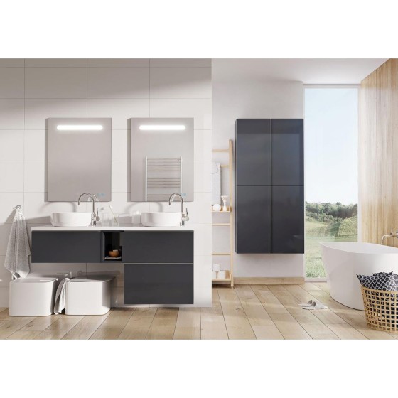 image of Look Wall Hung Bathroom Vanity Unit 60cm 1 Drawer Anthracite Gloss With brass furniture handles