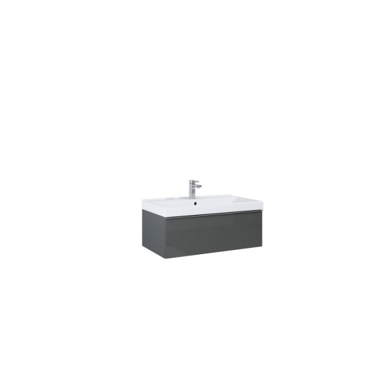 image of Look Wall Hung Bathroom Bathroom Vanity Unit 80cm 1 Drawer Anthracite Gloss With Black Handle