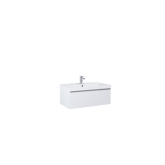 image of Look Wall Hung Bathroom Bathroom Vanity Unit 80cm 1 Drawer White Gloss With Black Handle