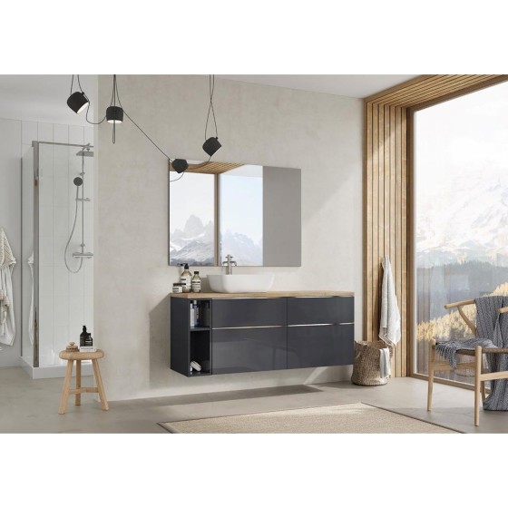 image of Look Wall Hung Bathroom Bathroom Vanity Unit 100cm 2 Drawer Anthracite Gloss With Brass Handle