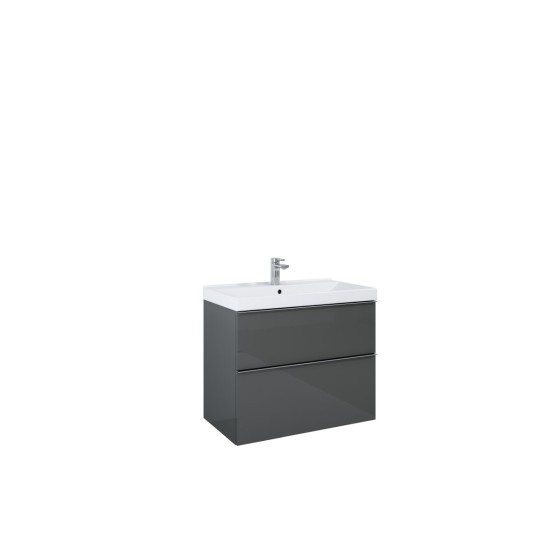 image of Look Wall Hung Bathroom Vanity Unit 80cm 2 Drawer Anthracite Gloss With brass furniture handles