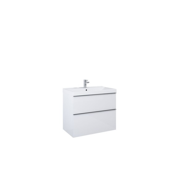 image of Look Wall Hung Bathroom Vanity Unit 80cm 2 Drawer White Gloss With brass furniture handless