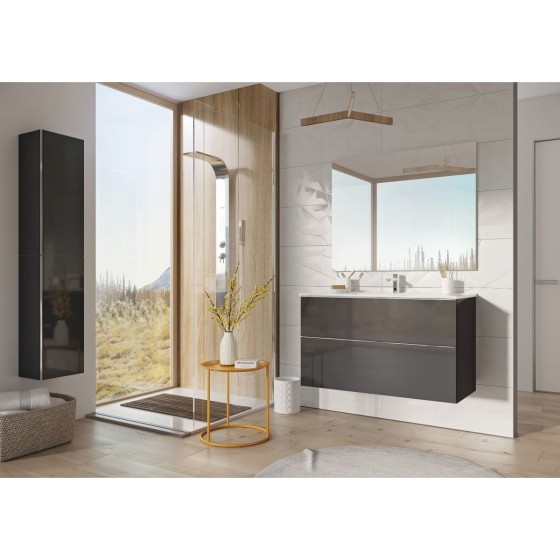 image of Look Wall Hung Bathroom Vanity Unit 100cm 2 Drawer Anthracite Gloss With Black Furniture Handle