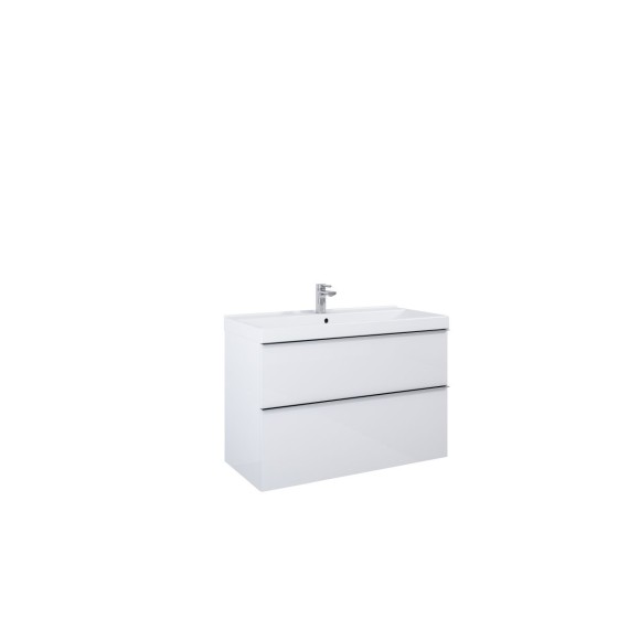 image of Look Wall Hung Bathroom Vanity Unit 100cm 2 Drawer White Gloss With Black Furniture Handle